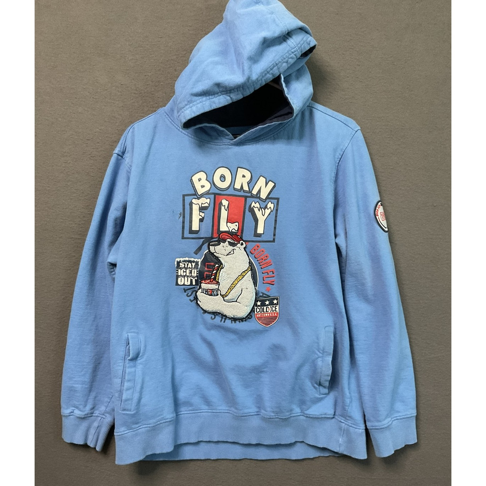 Born Fly Hoodie Youth XL 18-20 Blue Polar‎ Bear Graphic Stay Iced Out Pullover